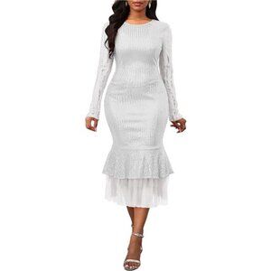 Sequins Dress Long Sleeve Bodycon Dress Ruffle White